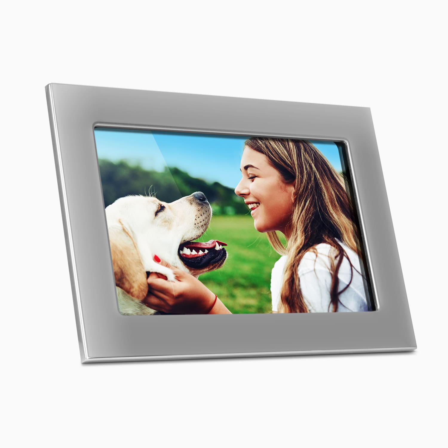 Aluratek 10-inch silver ips touchscreen wifi digital photo frame 16gb angle
