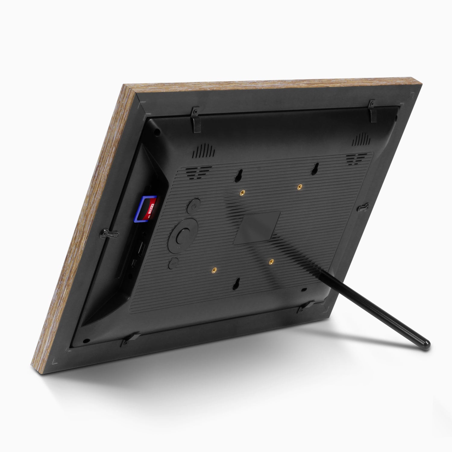 aluratek 13 digital photo frame interchangeable frames back angle