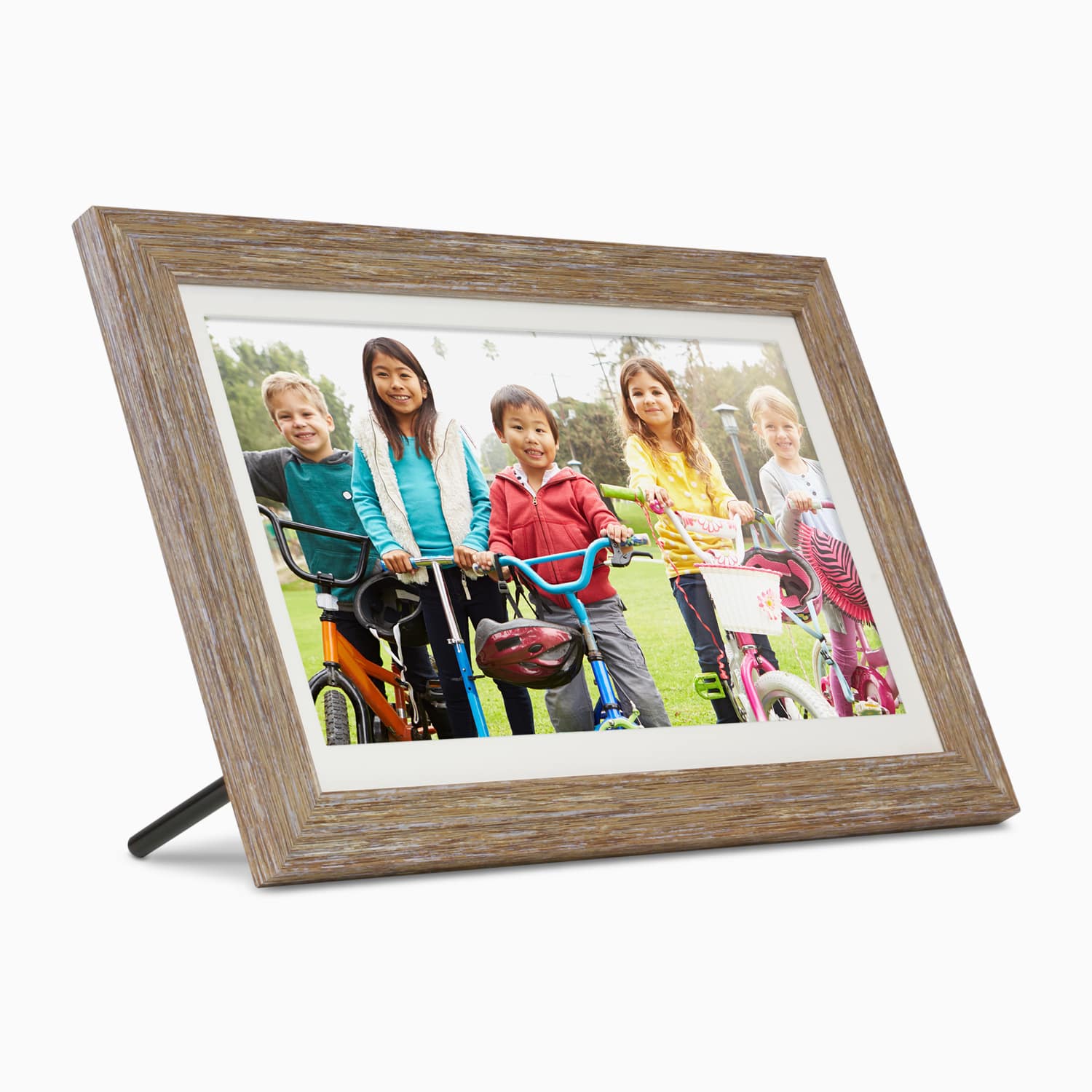 aluratek 13 inch distressed wood touchscreen wifi digital photo frame 16gb angle