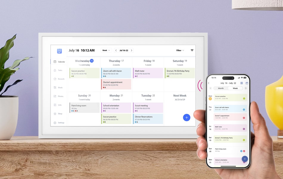 aluratek 15-inch smart wifi touchscreen digital calendar photo frame 32gb smart scheduling