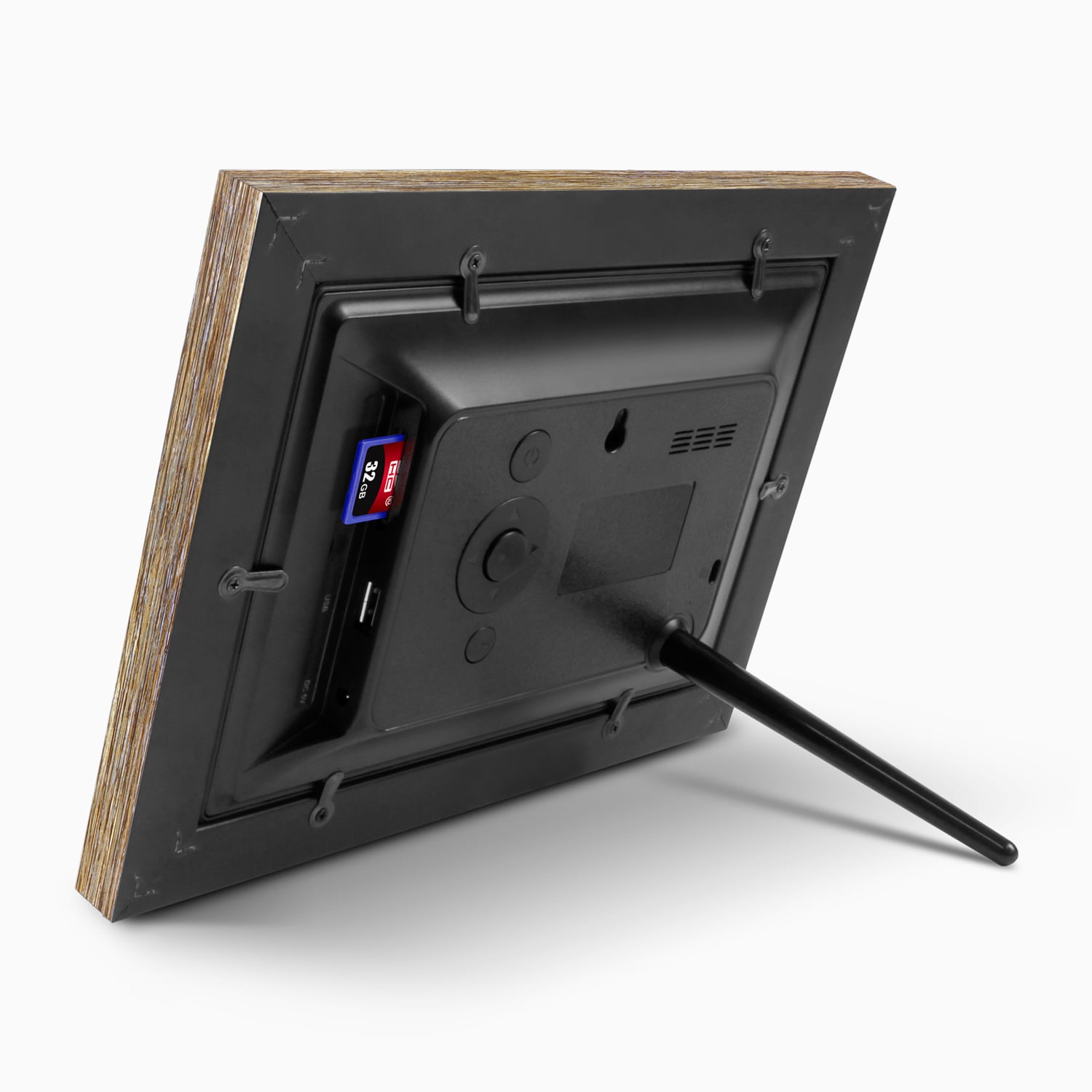 aluratek 7 digital photo frame distressed wood automatic slideshow back angle