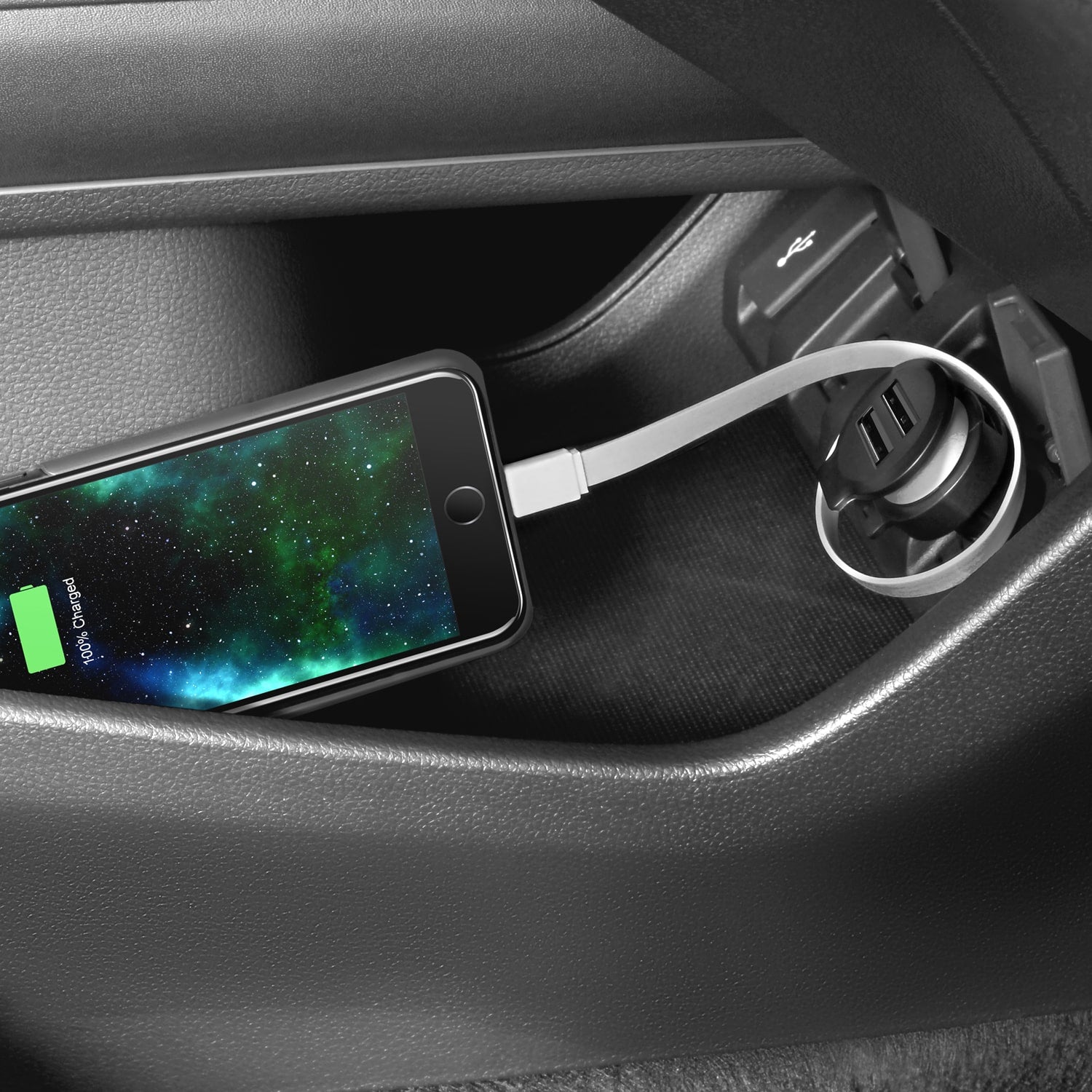 Aluratek Car Charger with Built-in Lightning Rolling Ribbon Cable and USB Charging Port Lifestyle car