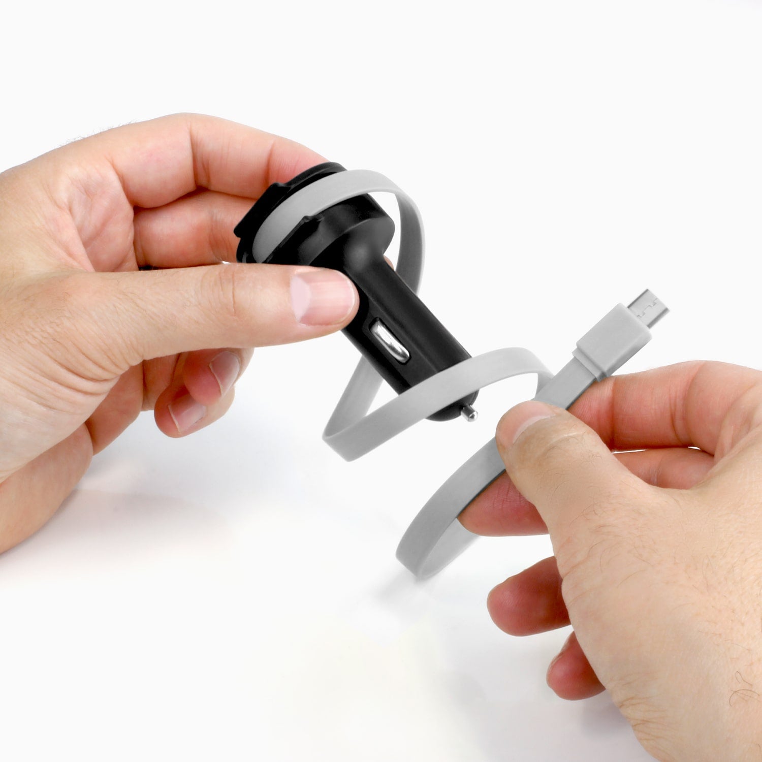 Aluratek Car Charger with Built-in Type-C Rolling Ribbon Cable and USB Charging Port lifestyle Hand black