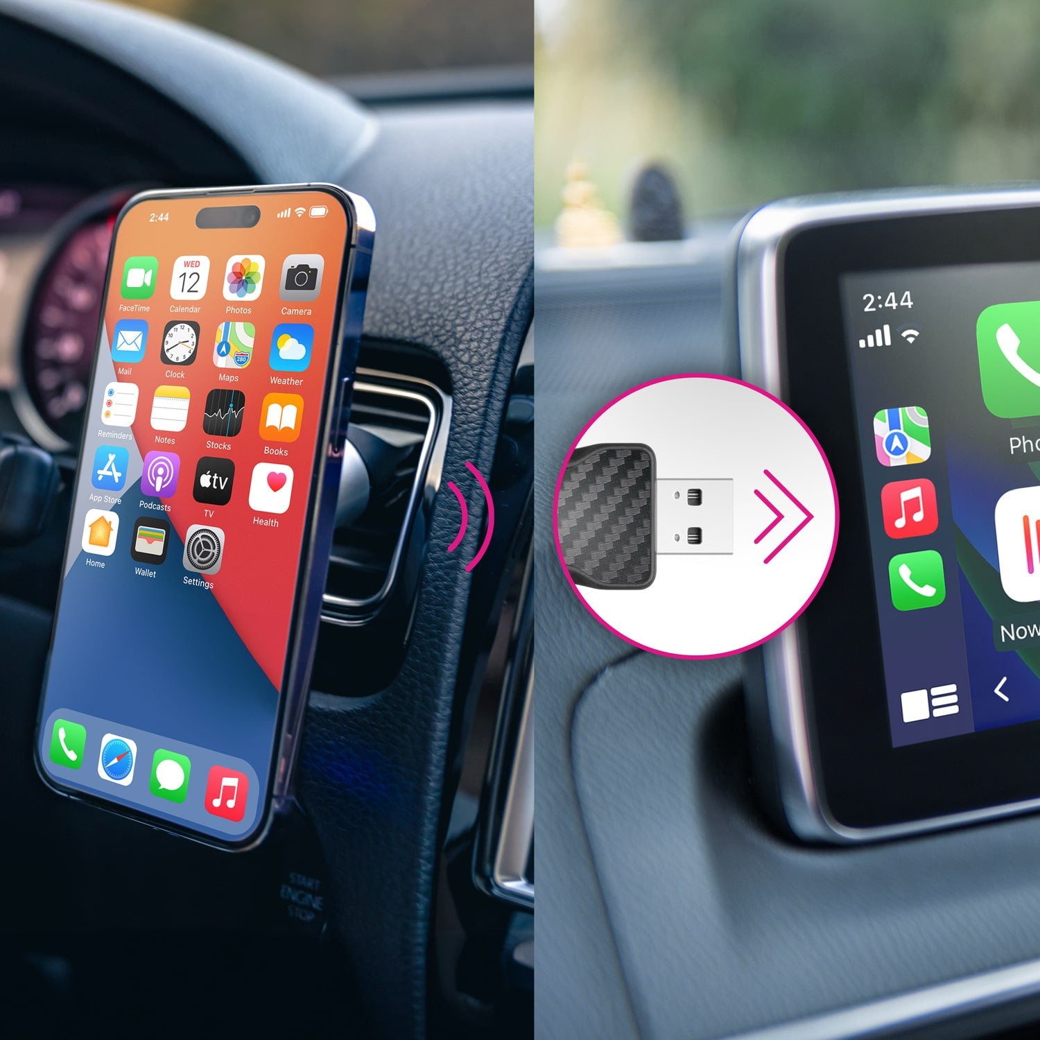Aluratek combo wireless car adapter and smartphone mount, and smartphone displaying app icons.