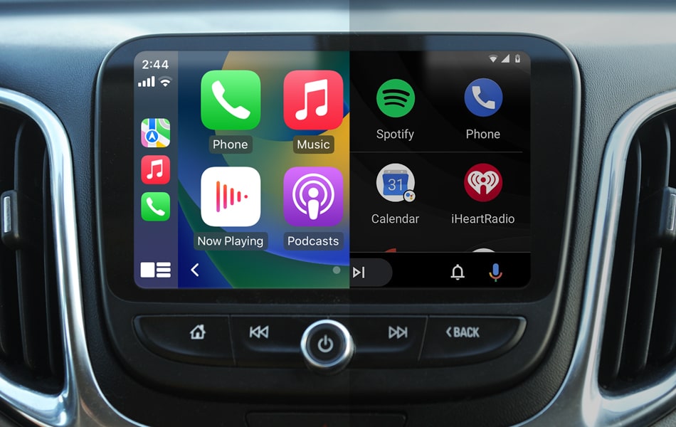 Car dashboard with a touchscreen display showing app icons