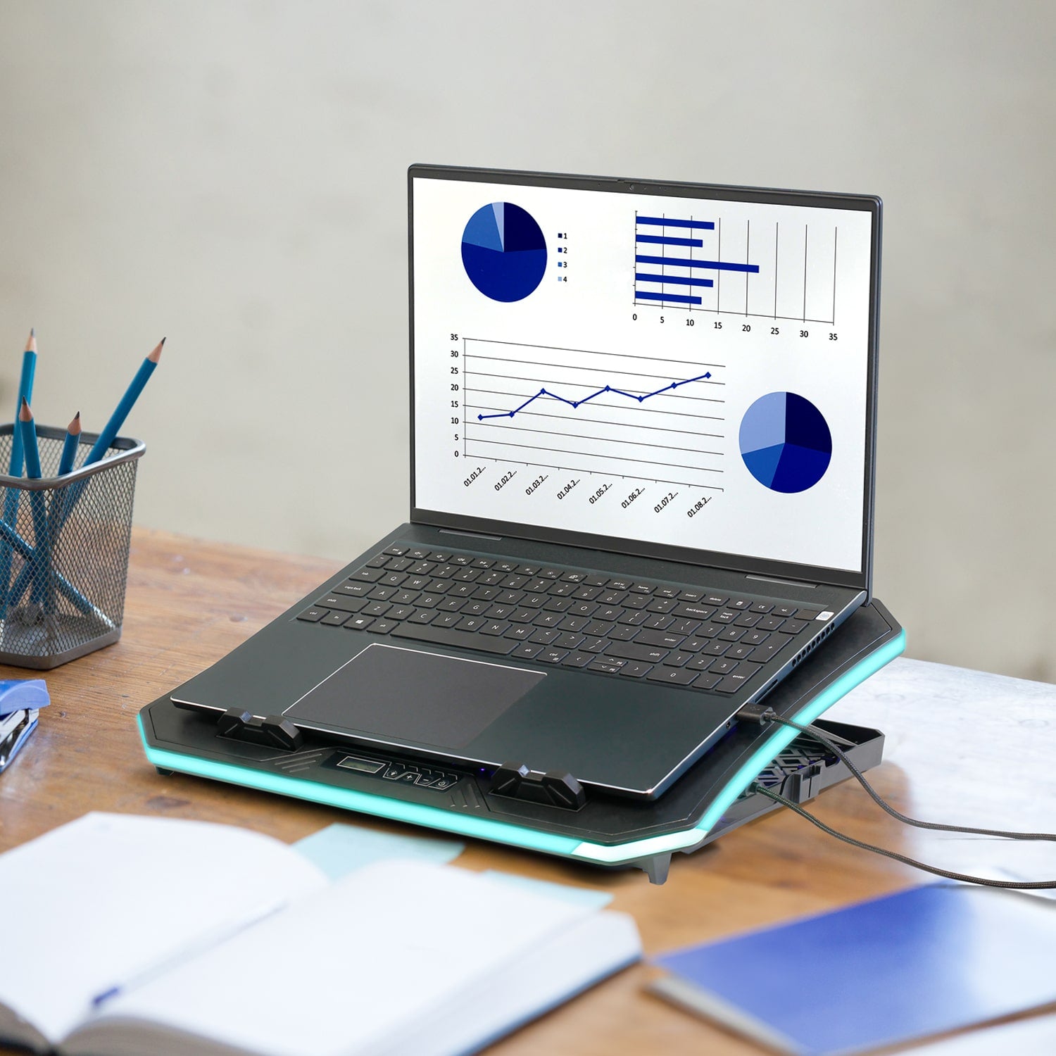 Aluratek Ergonomic USB Laptop Cooling Pad RGB Lights Lifestyle Desk