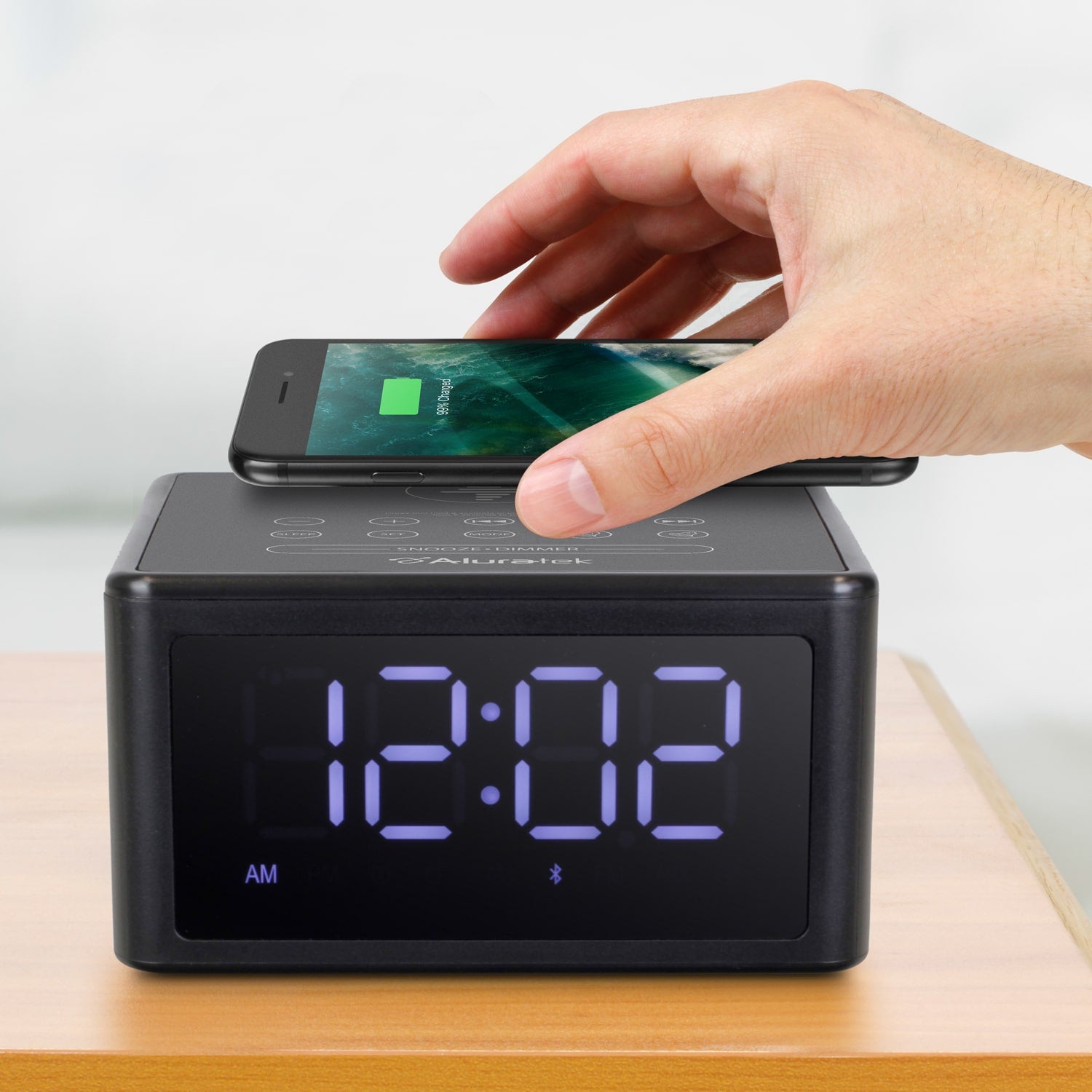 Aluratek Wireless Charging FM Clock Radio with Bluetooth Streaming charging phone